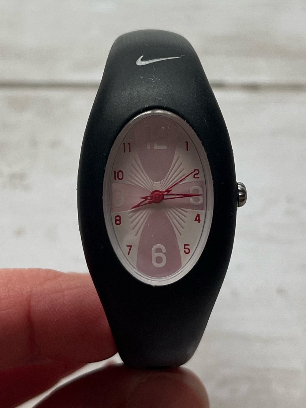 Vintage Nike Black Silicone Watch with Pink Dial and Red Hands